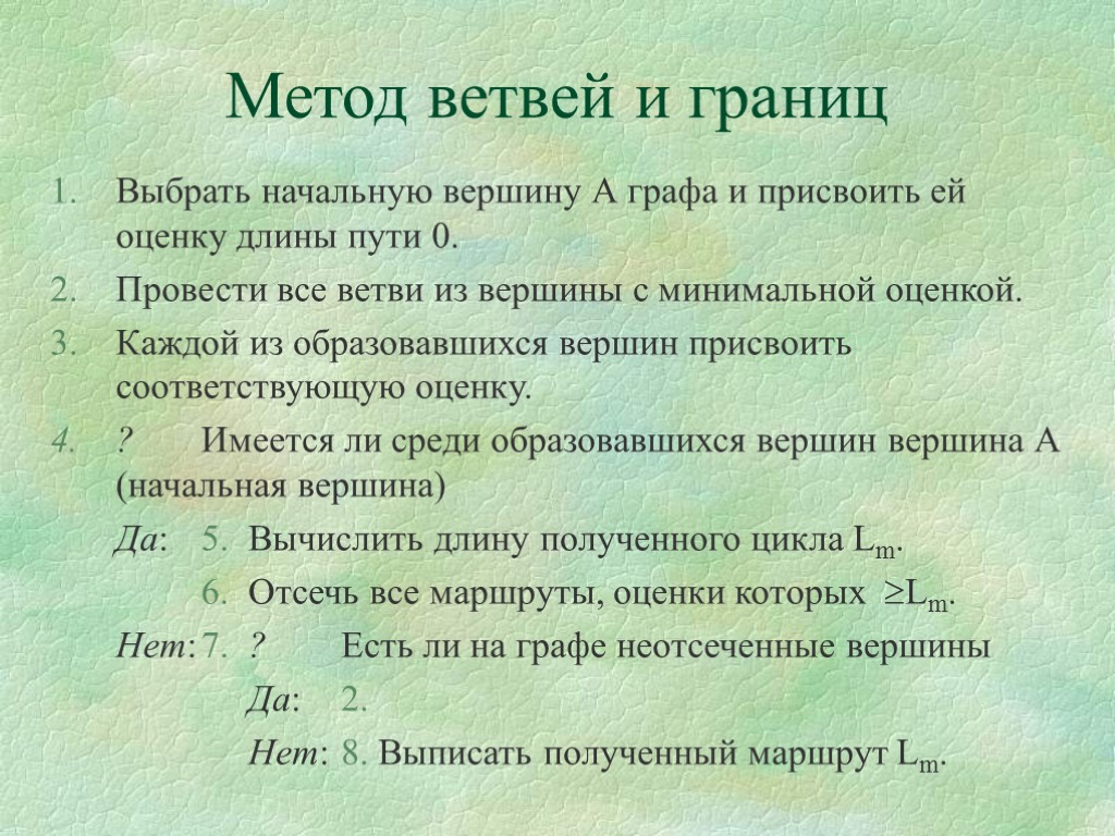 Метод ветвей и границ Выбрать начальную вершину А графа и присвоить ей оценку длины